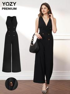 YOZY Women's Plain Double Button Decor Zipper Jumpsuit, Casual Sleeveless V Neck Jumpsuit for Daily Wear, Ladies Clothes for All Seasons