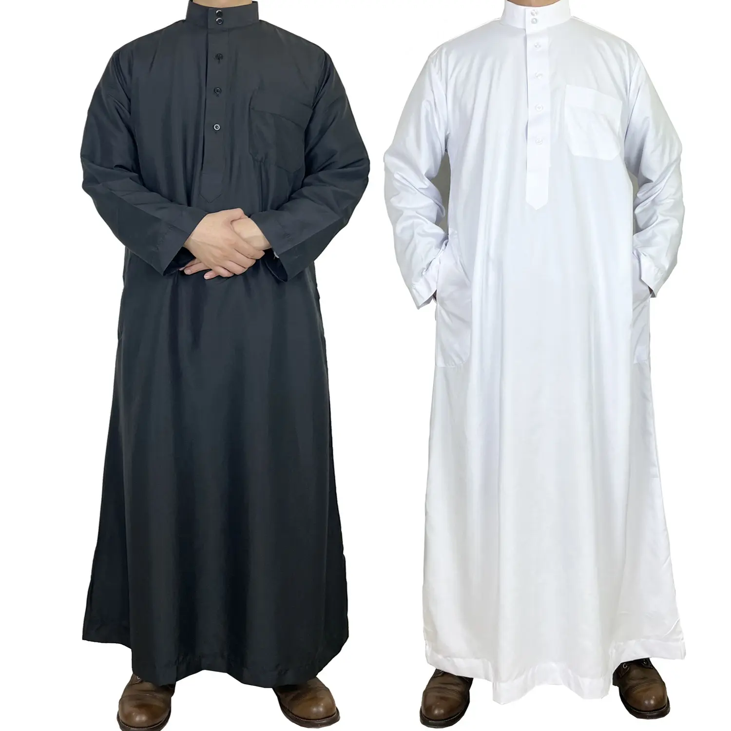 Hot Selling Muslim Fashion Men's Robe Qatar Stand Collar Robe Pocket Design Arab Middle East Dubai Style Clothing