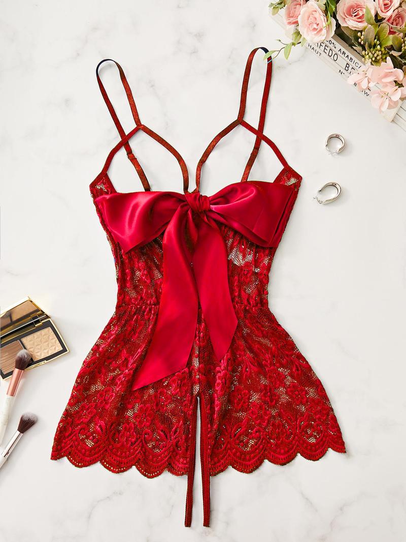 Product Introduction of Women's Floral Lace Bow Decor Sexy Cami Bodysuit, Sleeveless Bodysuit for Daily Wear, Ladies Sexy Lingerie for All Seasons 9