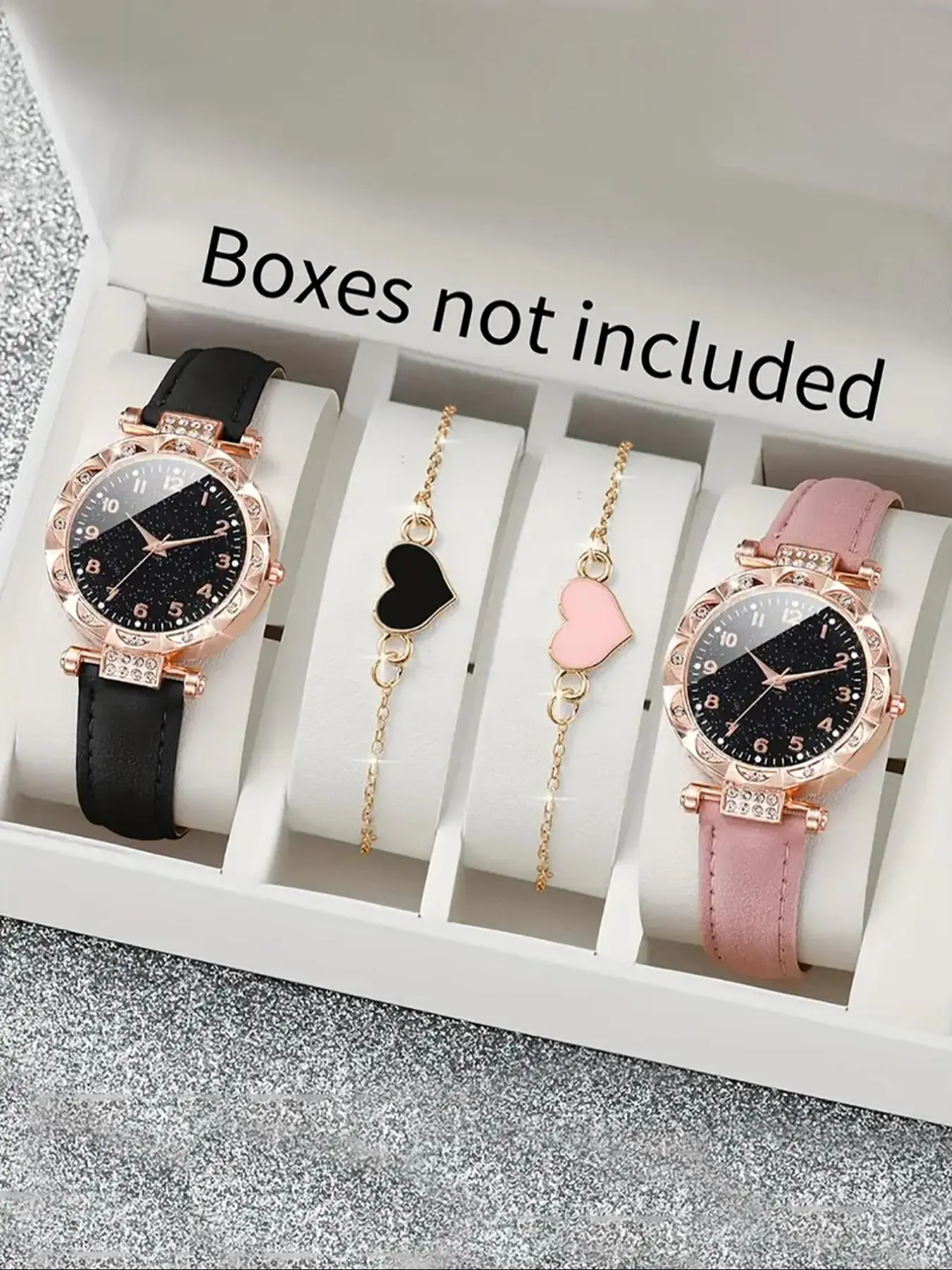 Fashion Simple Round Dial Rhinestone Quartz Watch & Heart Charm Bracelet Set, Trendy Luxury Exquisite Watch Set for Gift