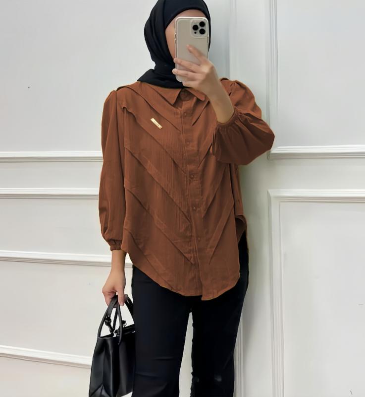 Kemeja Winuri Wanita Polo Linen Polos Lengan Balon M L XL XXL Cantik Formal Busui Panjang Atasan Variasi 3