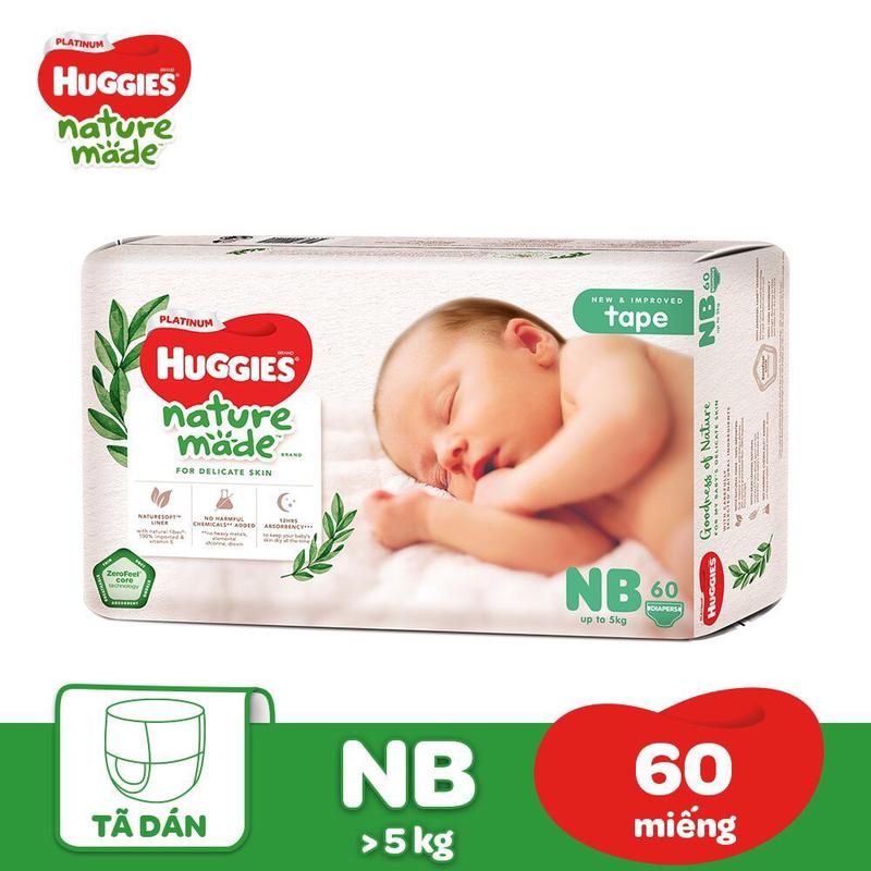 sale Combo thùng 3 bịch tả bỉm Dán Newborn HUGGIES PLATINUM NATURE MADE 60 miếng + bé dưới 5kg