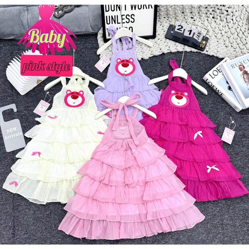 (14-40kg) Váy maxi  gấu dâu , Váy cổ yếm nhiều tầng  cho bé gái đi biển , đi chơi , mặc hè rất mát mẽ 0