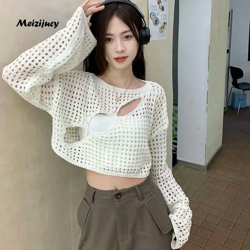 SS24 Meizijucy Women’s Hollow Out Knit Tops, Fashion Long Sleeve Round Neck Loose T-Shirt Cover Ups