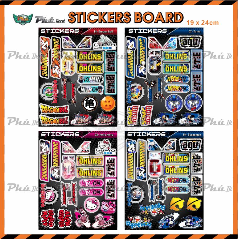 Bảng tem stickers board logo xe Nitron Oh, Brembo, Akapovic, King Drag, Yoshimura, Goprođồ chơi xe mẫu hoạt hình 7 viên ngọc rồng, Sonic, Hello Kitty, Doraemon dán xe, điện thoại mũ bảo hiểm