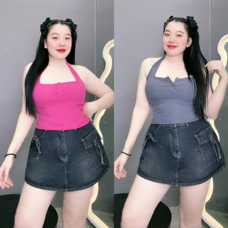 Áo thun bigsize nữ cổ yếm có nút cài dáng croptop chất thun gân mềm mịn co giãn - G46