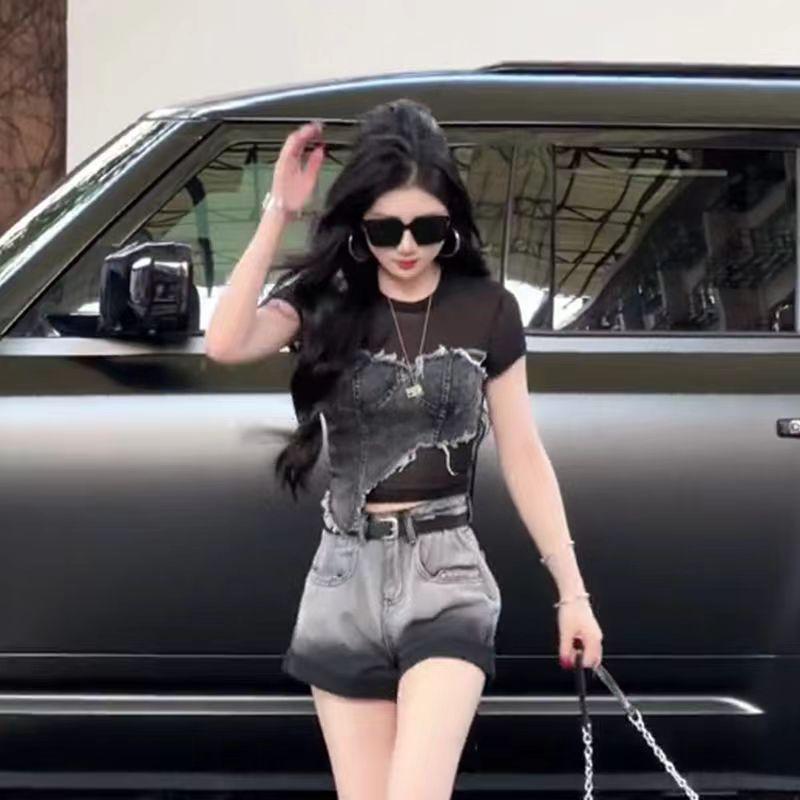 Áo Phông Ngắn Tay, Dành Cho Nữ, Khâu Denim, Lưới, Ngọt Ngào Và Ngầu, Thiết Kế Bất Đối Xứng Cô Gái Nóng Bỏng, Mỏng Vừa Vặn 4