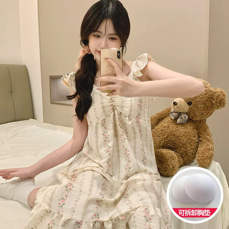 Women's Summer Nightdress with Chest Pads Sweet Floral Flutter Sleeves Sling Cotton Pure Cute Mid-Length Sleepwear Sensual Homewear