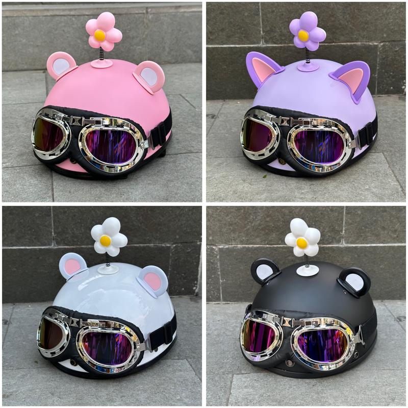 Mũ bảo hiểm nửa đầu 1/2 kính phi công kèm tai, bông hoa trứng cute - Hàng chính hãng SRT cao cấp - Combo 4 sản phẩm Phụ Kiện