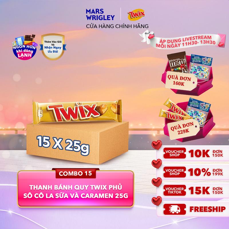 Combo 15 Thanh bánh quy Twix phủ Sô cô la Sữa và Caramen 25g