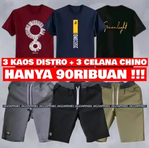 SETELAN PRIA 3 KAOS DISTRO + 3 CELANA CHINO PENDEK Katun Motif