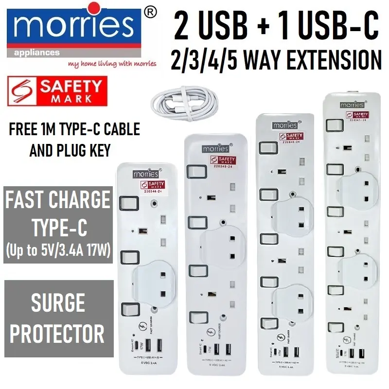 Morries 2 / 3 / 4 / 5 Way Power Extension Socket with 2 USB + 1 USB-C Charger Power Strip Extension Cord