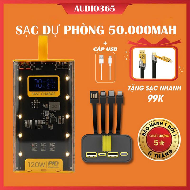 Sạc dự phòng 50.000mAh trong suốt có sạc nhanh PD 120W kèm 4 cáp sạc tích hợp đèn ngủ bảo hành 6 tháng