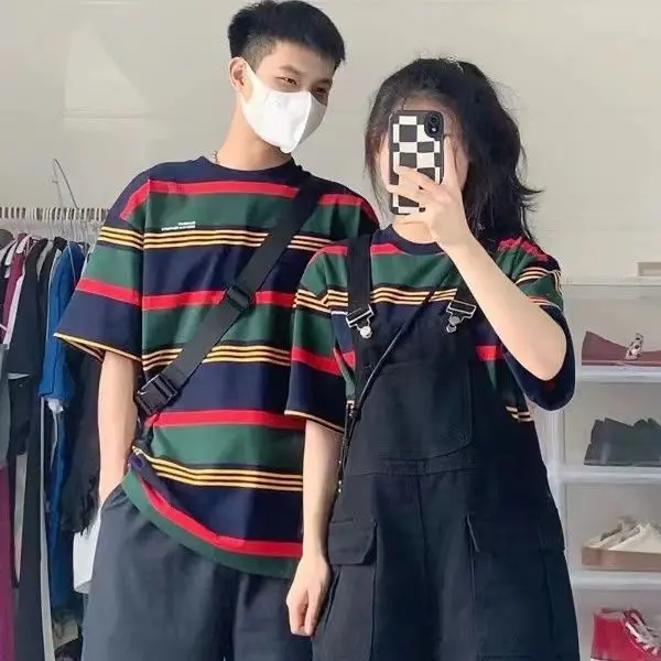 Couple's Clothing Niche Design Striped Short-Sleeved One-Piece Dress 2024 New Fashion Student Strap Suit