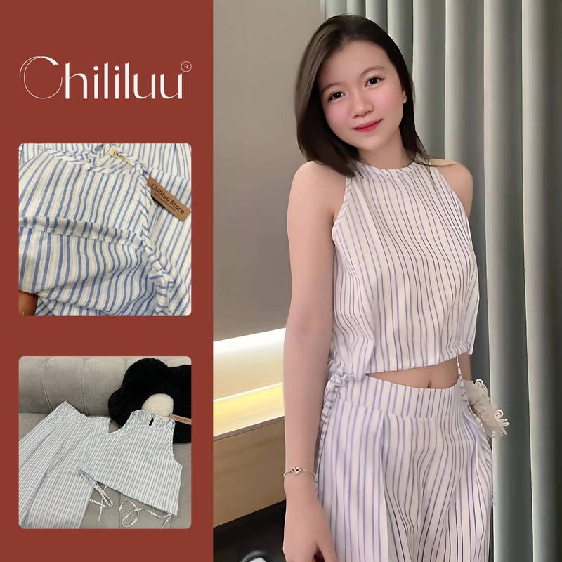 Set bộ nữ Chililuu áo cổ yếm cột dây kèm quần suông ống rộng họa tiết kể sọc phong cách Douyin - S109 Women Top