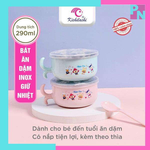 Bát ăn dặm 2 lớp inox giữ nhiệt, chén ăn dặm cho bé, tặng kèm muỗng và nắp đậy