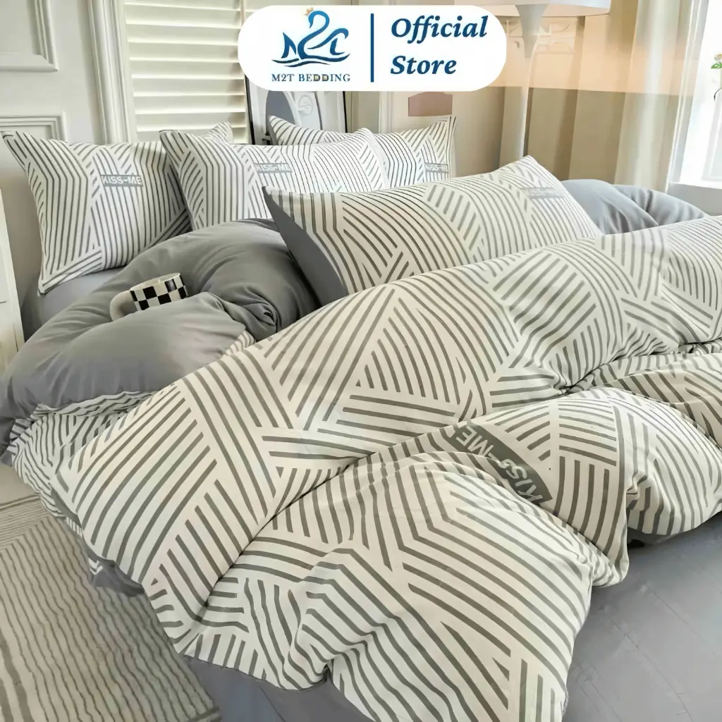Bộ chăn ga gối Cotton Icy M2T Bedding drap giường kẻ Hàn Quốc miễn phí bo chun ga giường bọc đệm