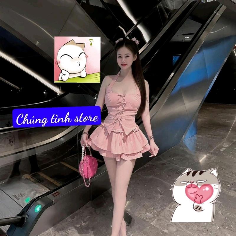 SÉT BỘ ÁO YẾM NƠ CHÂN VÁY XÒE TẦNG Nữ Voi 0