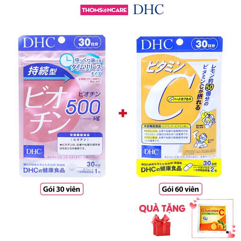 Combo Viên uống DHC Vitamin C 30 ngày và Biotin DHC 30 ngày (Liệu trình 1 tháng) (Tặng ngay kẹo ngậm Glucose C)