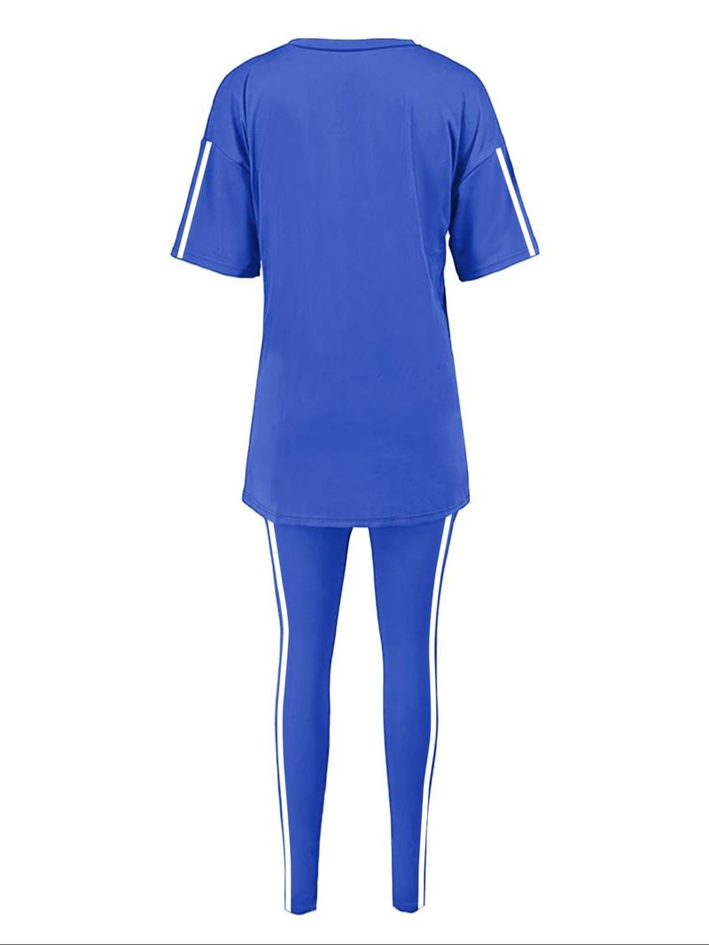 Product Introduction of Two-Piece Set Women's Side Stripe Tee & Pants Set, Casual Round Neck Half Sleeve T-shirt & Trousers, Women's Spring & Fall Clothes 2
