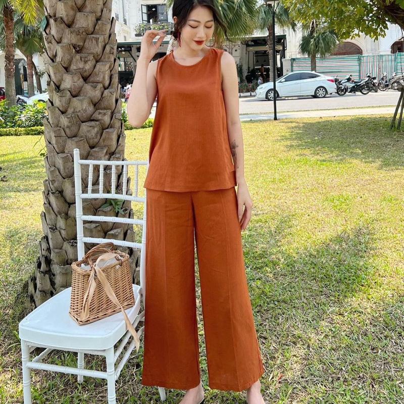 Set Đũi sát nách quần dài,xẻ tà mặt sau áo.Đủ size 40-75kg Nữ Women Top Nâu 2