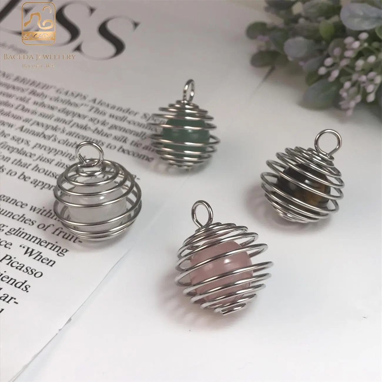 Baceda-Mặt Dây Chuyền Lồng Hạt Pha Lê, Xoắn Ốc, Với Vòng Cổ Hợp Kim