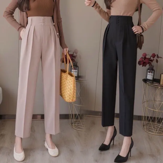 Quần baggy nữ cạp cao bản to 3 cúc xếp ly, mẫu quần tây lưng cao ống suông đứng màu Đen Kem