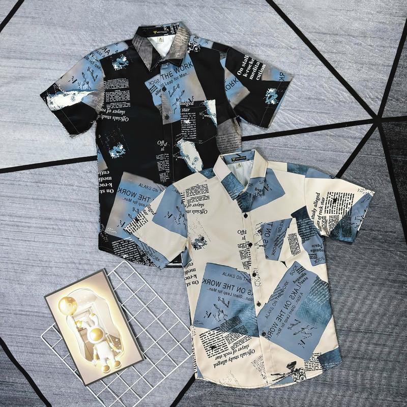 Áo sơ mi tay ngắn PTH SM12 Menswear đen kem in tờ báo chất lụa mango co dãn tốt - Có Cổ có thể giặt máy tối giản Shirt