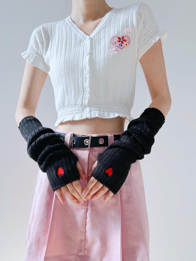 Product Introduction of Women's Cute Heart Embroidery Gloves, Fashionable Casual Trendy Y2K Knitting Arm Warmers, Gift for Sister, Fashionable Accessories for Daily Wear Christmas Gift, Christmas Gifts for Girlfriend, Valentine's Day, Gift 8
