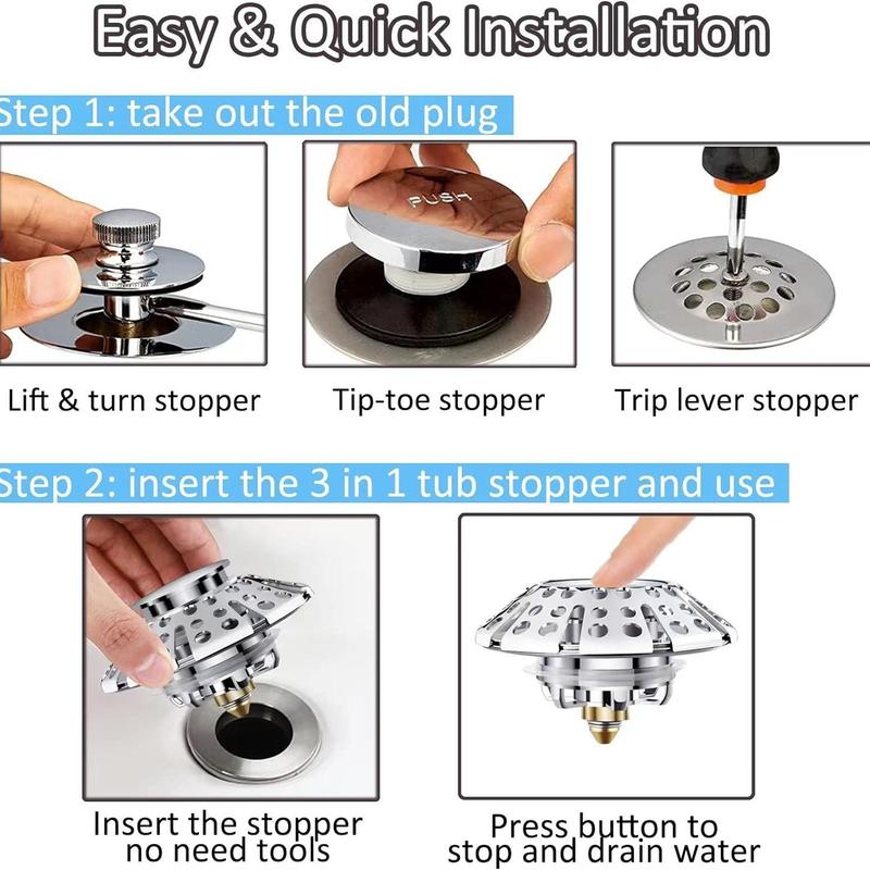 Bathroom Sink Drain Stopper, 3-in-1 Pop Up Tub Drain Hair Catcher, Drain Cover with Strainer for 1-3/8 To 2in Bath Drain Hole 3