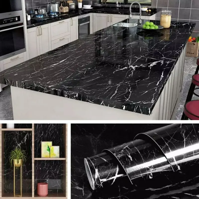 Wallpaper Dinding Marmer Black Glossy 60 x 3m Stiker Marmer Meja Dapur Kitchen Set Kamar Marble 5