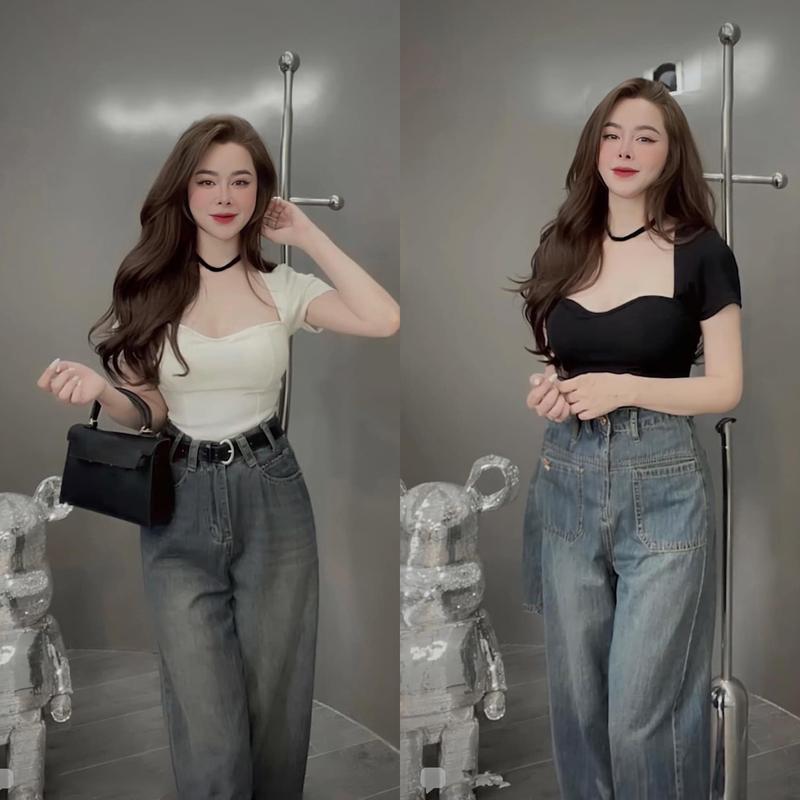  áo croptop basic cộc tay có đệm nguc nhẹ nhàng cá tính Áo thu Nữ Women Kem Dáng Ngắn 