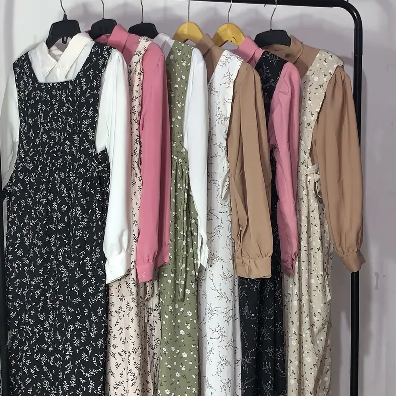 SETALAN OVERAL DRESS MOTIF FLORAL/SET 2IN1 OVERAL DRES/HIMARI MIDI DRES SATU SET/SETELAN DRES DAN KEMEJA LENGAN BALON Panjang Cantik Wanita Casual Nyaman 7
