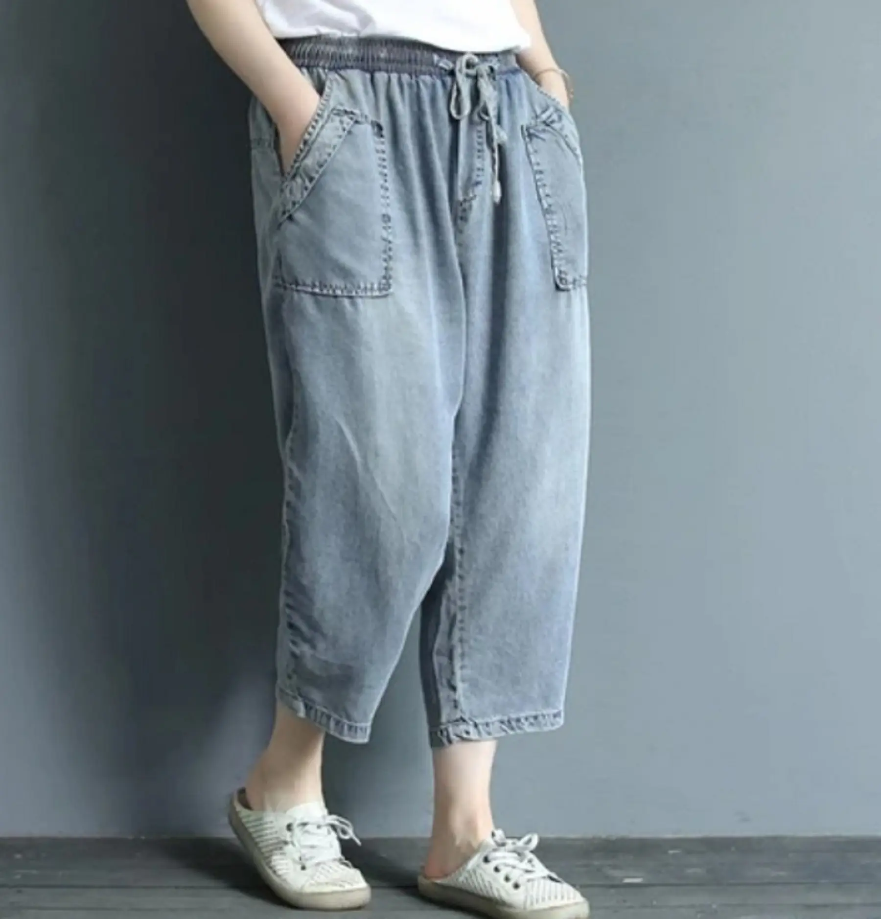 Celana Baggy Pants Jeans Bawahan Wanita Pinggang Serut Korean Boyfriend Denim Standar Jumbo Perempuan Grey Kaki