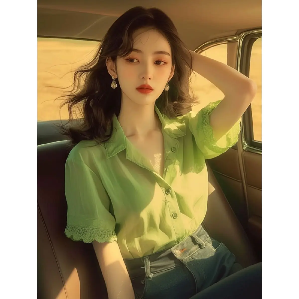 (in Stock) 2024 Summer Unique Chic Western Style Young Shirt Design Green Lace Chiffon Patchwork Shirt Summer Wear Top Blouse Women
