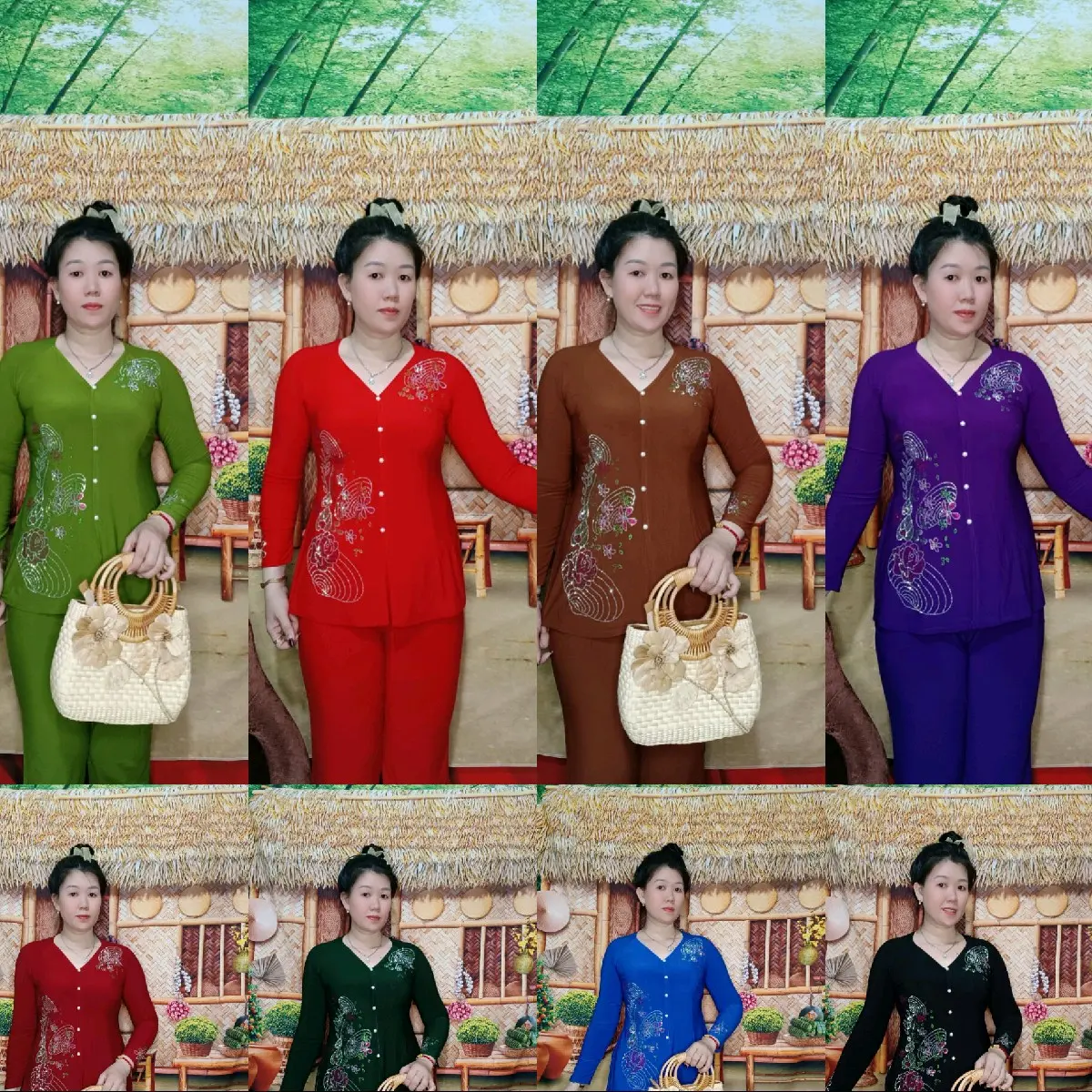 BỘ BÀ BA ĐÍNH ĐÁ QUẦN ỐNG NHỎ (MÃ NÓN LÁ ) .BÁN NGUYÊN BỘ