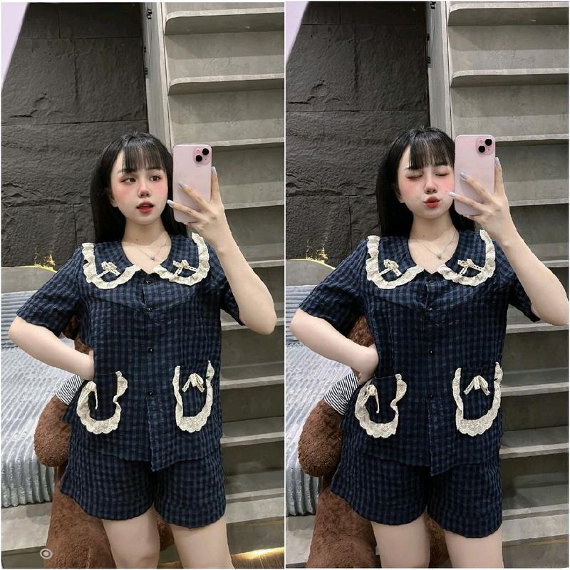 Bộ Đùi Mặc Nhà Cho Nữ Áo Vải Đũi Kẽ Mềm (40-58kg) - Women Voi Nho Kem 1
