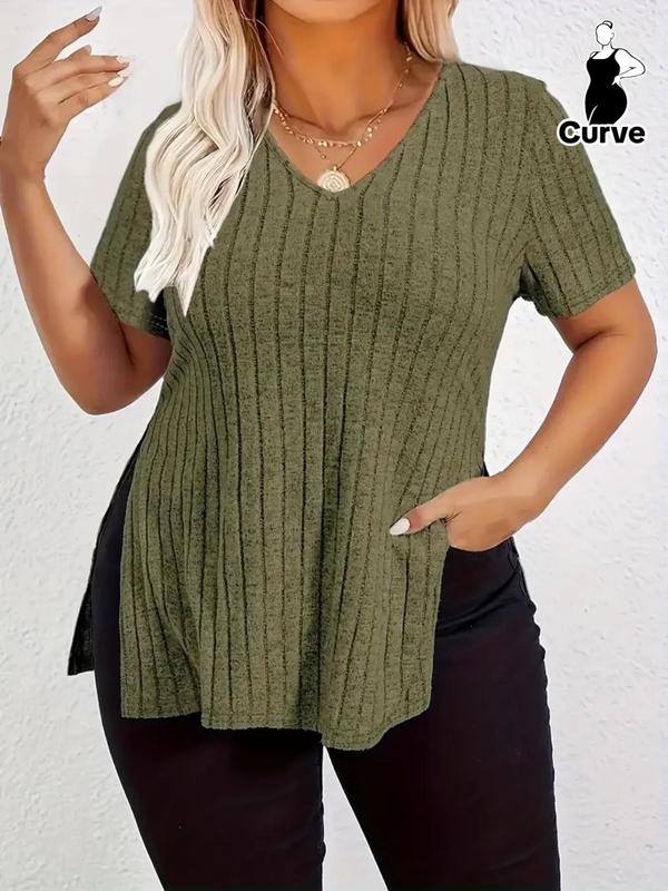 Plus Size Plain Split Hem V Neck Tee, Casual Short Sleeve T-shirt for Summer, Women's Plus Clothing for Daily Wear 5