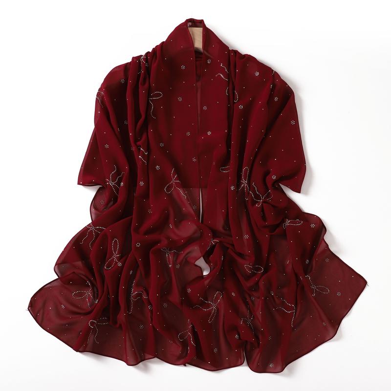 Product Introduction of High-End Heavy Craft Bowknot Rhinestone Solid Color Chiffon Long Scarf Full Rhinestone Shawl Headscarf Cape Scarf Silk Scarf for Women 13