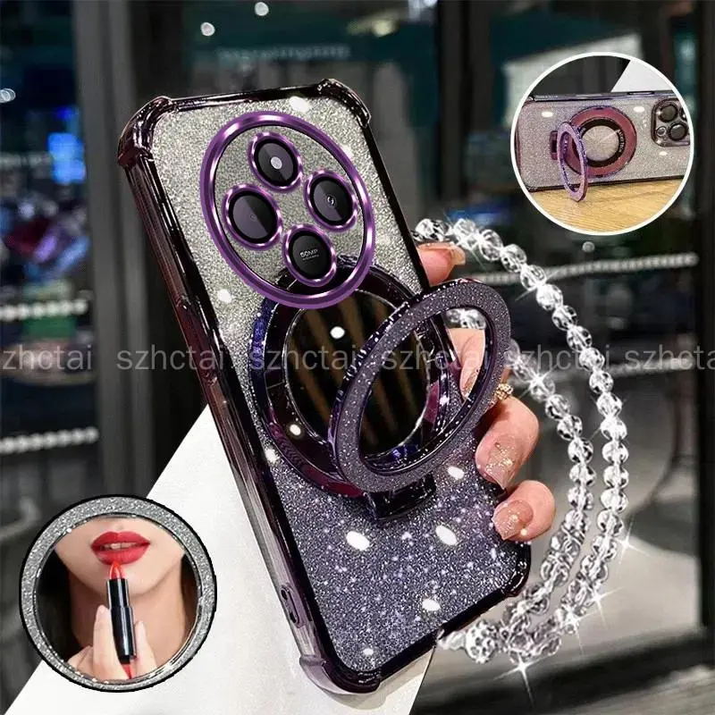 Casing for Redmi 14C 4G Four Corners Shockproof Phone Case Luxury New Bracelet Softcase 3D Makeup Mirror Holder Shell