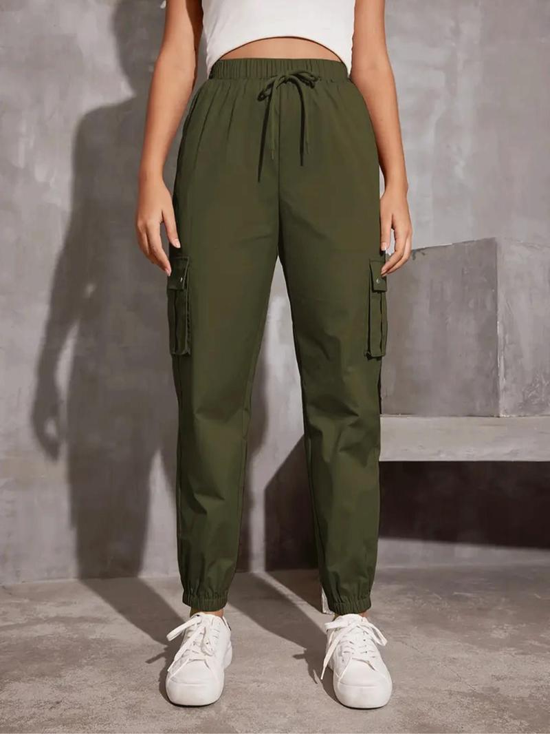 Product Introduction of Women's Solid Pocket Drawstring Cargo Pants, Casual Y2K Style Pants for Daily Wear, Ladies Bottoms for Spring & Fall 3