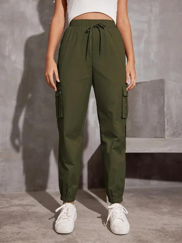 Women's Solid Pocket Drawstring Cargo Pants, Casual Y2K Style Pants for Daily Wear, Ladies Bottoms for Spring & Fall 2