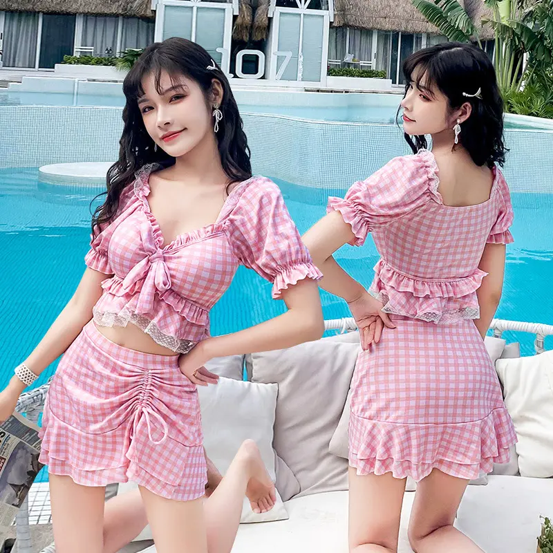 M71 Bộ đồ bơi nữ 2 chi tiết vải thun đẹp họa tiết kẻ caro phối ren có đệm lót 0