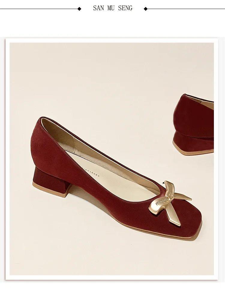 Product Introduction of Square Toe Chunky Heel Single Shoes for Women 2024 New Spring and Autumn Versatile Low Heel Comfortable Burgundy Xiuhe Shoes Bride Wedding Shoes Shoes 28