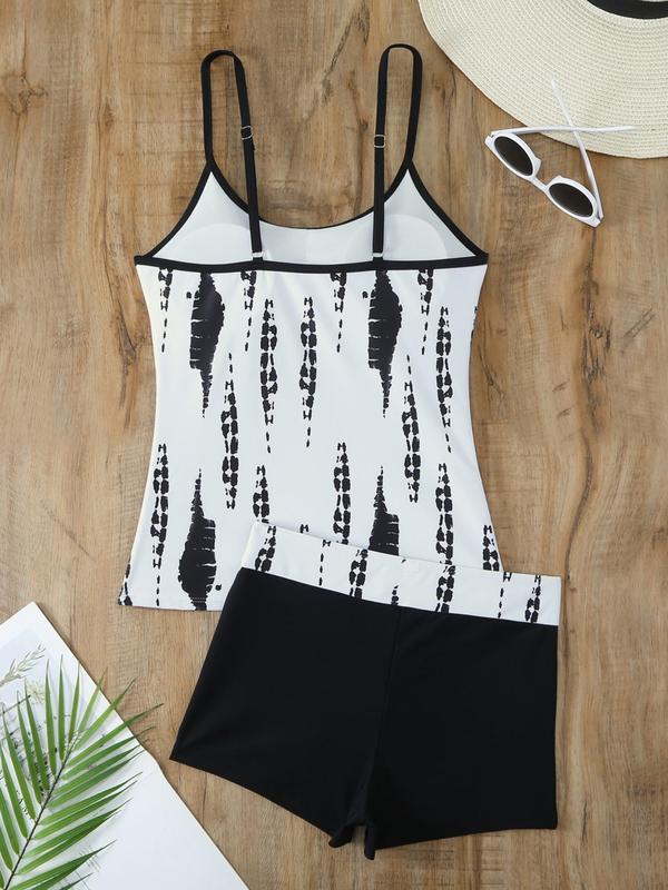 Two-Piece Set Women's Tie Dye Print Adjustable Strap Cami Tankini Top & Patchwork Shorts Tankini Set, Comfort Breathable Casual Swimsuit for Beach, Ladies Swimwear 7