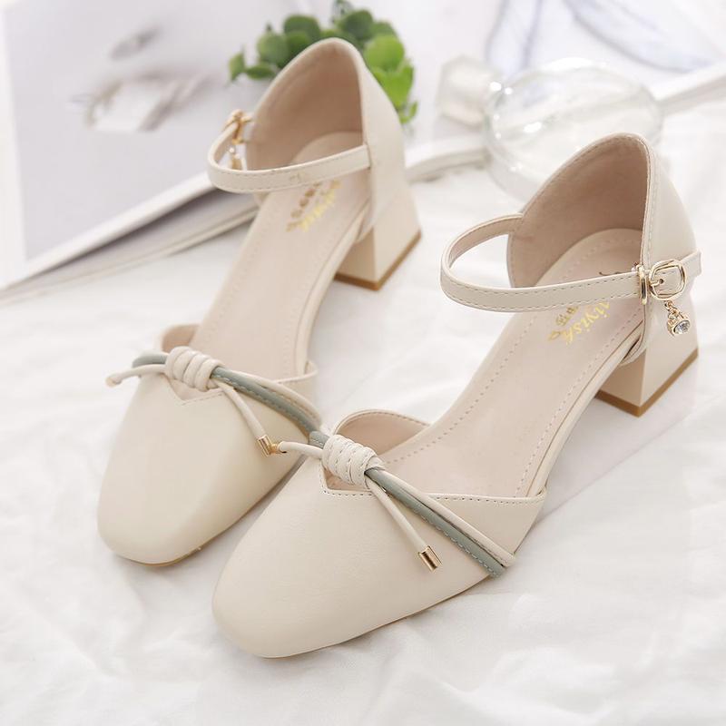 Toe Box Shoes Women's High Heels Mid Heel Summer Chunky Heel Square Toe Hollowed Sandals Buckle All-Match Shallow Mouth Low Heel Shoes 3