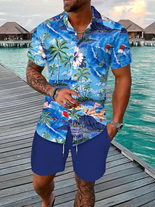 Two-piece Set Men's Regular Fit Tropical Print Shirt & Shorts, Casual Short Sleeve Button Up Top & Shorts for Summer, Men's Clothes for Beach Vacation, Menswear 0