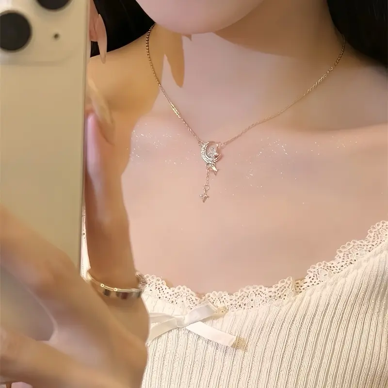 (Bebas beli 2 dapat bonus) K65 COD Kalung bulan bintang pesta Zircon titanium wanita 7