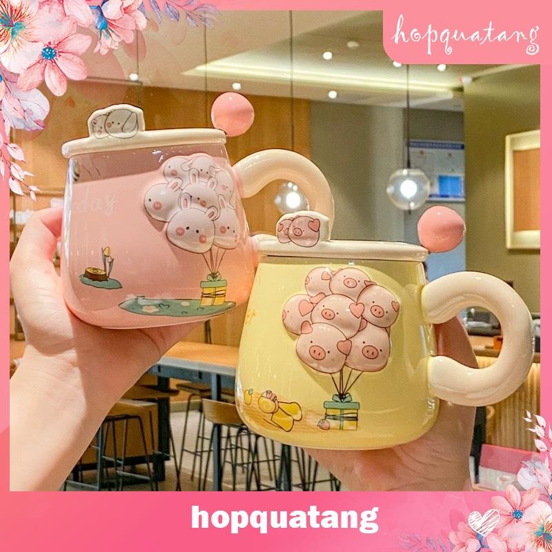 Cốc Sứ Hoạt Hình Bóng Bay Có Nắp Thìa Cao Cấp Ly Uống Nước Cốc Văn Phòng Cặp Đôi L39