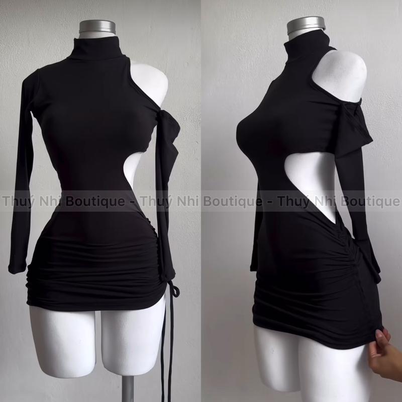 ĐẦM BODY CỔ LỌ TAY DÀI KHOÉT EO RÚT DÂY THUN LẠNH